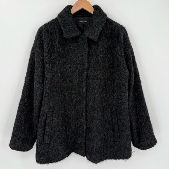 Eileen Fisher Alpaca Wool Blend Brushed Short Coat Women Medium Black Grey - Picture 1 of 9